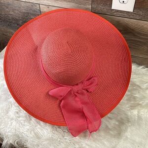 Wide Brimmed Womens Hat,  Floppy Bow, Coral Pink